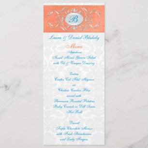 Coral, Aqua, and Grey Damask Monogrammed Menu