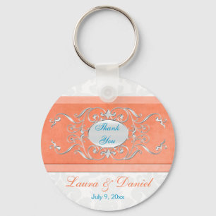 Coral, Aqua, and Grey Damask Wedding Favour Key Ring