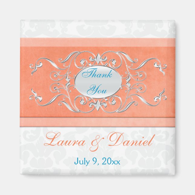 Coral, Aqua, and Grey Damask Wedding Favour Magnet (Front)