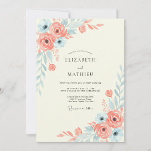 Coral Aqua Blossom Wedding Invitation
