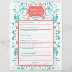 Coral Aqua Floral Bride Best Bridal Shower Game