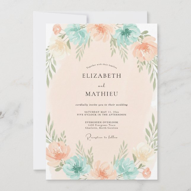 Coral Aqua Foliage Eucalyptus Wedding Invitation (Front)