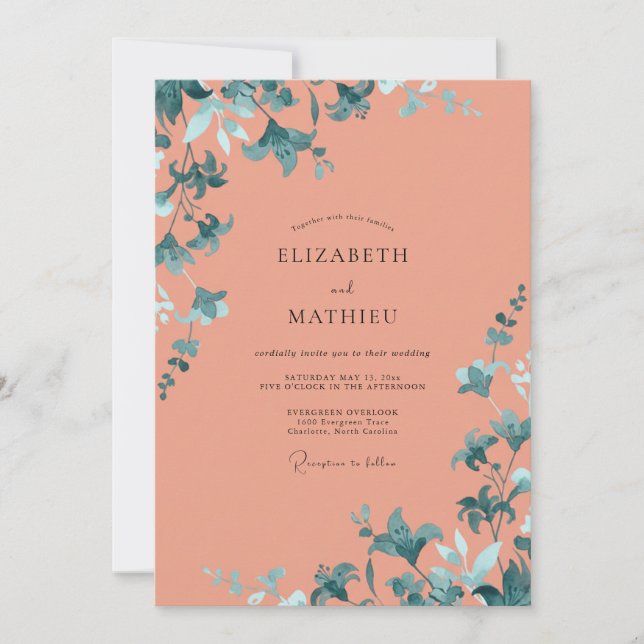 Coral Aqua Leafy Wedding Invitation (Front)