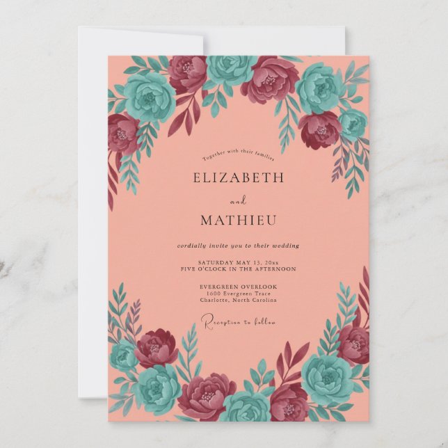 Coral Aqua Maroon Blossom Wedding Invitation (Front)