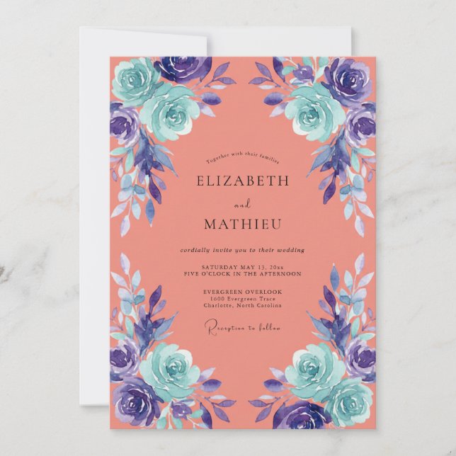 Coral Aqua Painted Blossom Wedding Invitation (Front)