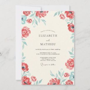 Coral Aqua Poppy Wedding Invitation