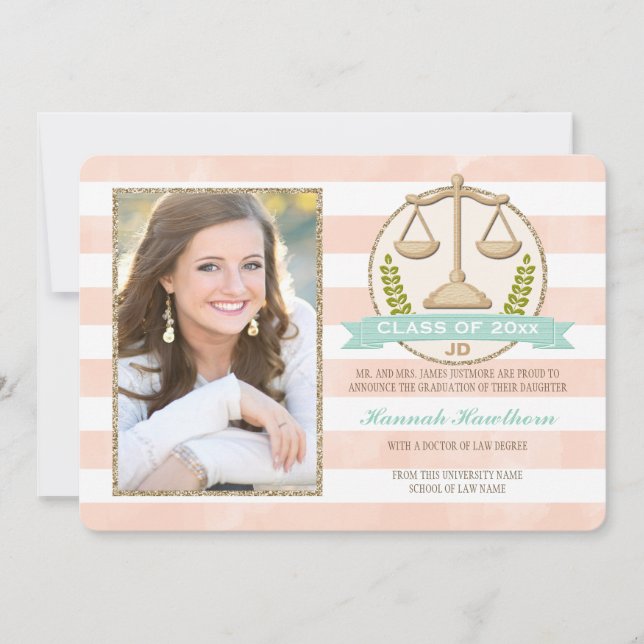 Coral Aqua Scales of Justice Law School Graduation Invitation (Front)