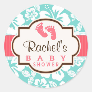 Coral, Aqua Tropical Baby Shower Classic Round Sticker