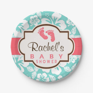 Coral, Aqua Tropical Baby Shower Paper Plate