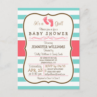 Coral, Aqua, & White Stripes Baby Shower Invitation Postcard