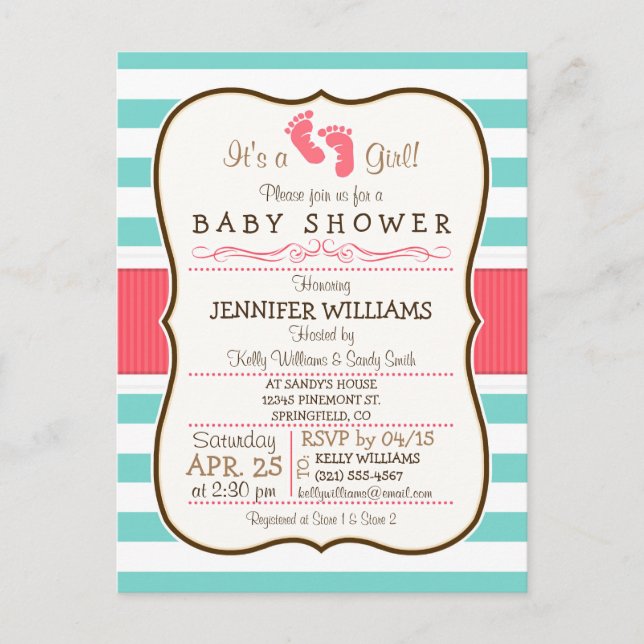 Coral, Aqua, & White Stripes Baby Shower Invitation Postcard (Front)