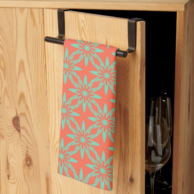 Coral Aquamarine Flower Seamless Pattern Tea Towel (Thirds Fold)