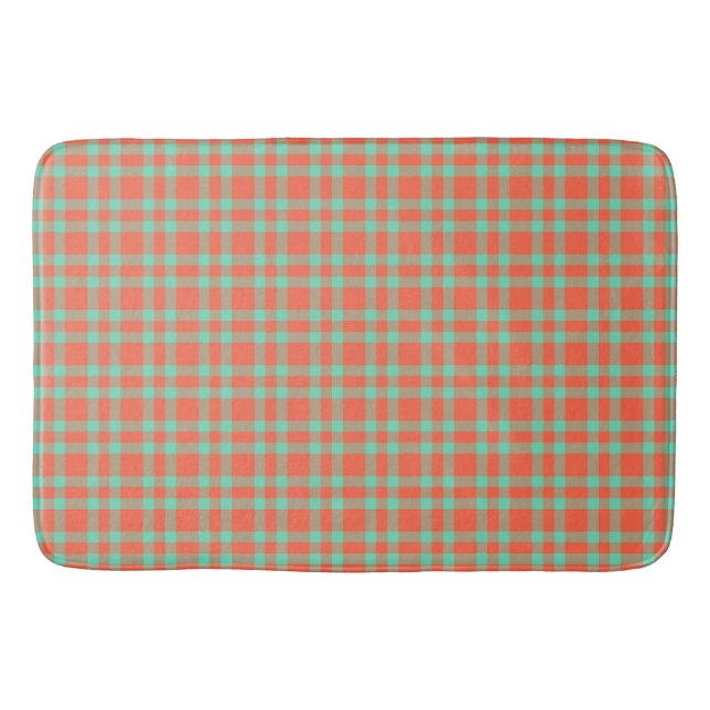 Coral Aquamarine Plaid Pattern Bath Mat (Front)