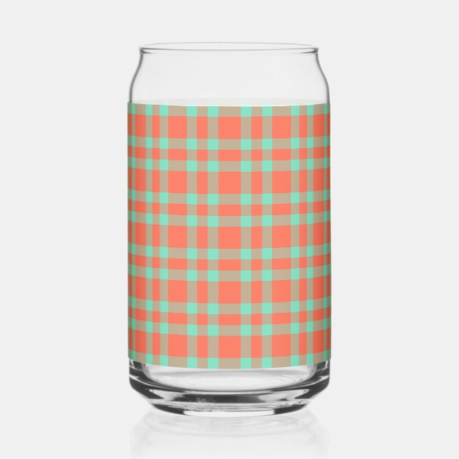 Coral Aquamarine Plaid Pattern Can Glass (Front)