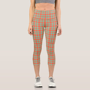Coral Aquamarine Plaid Pattern Capri Leggings