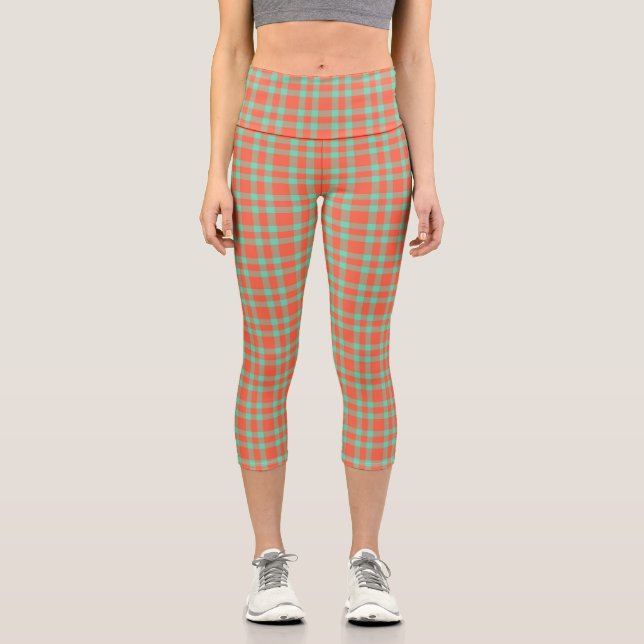 Coral Aquamarine Plaid Pattern Capri Leggings (Front)