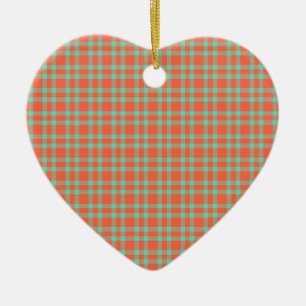 Coral Aquamarine Plaid Pattern Ceramic Tree Decoration