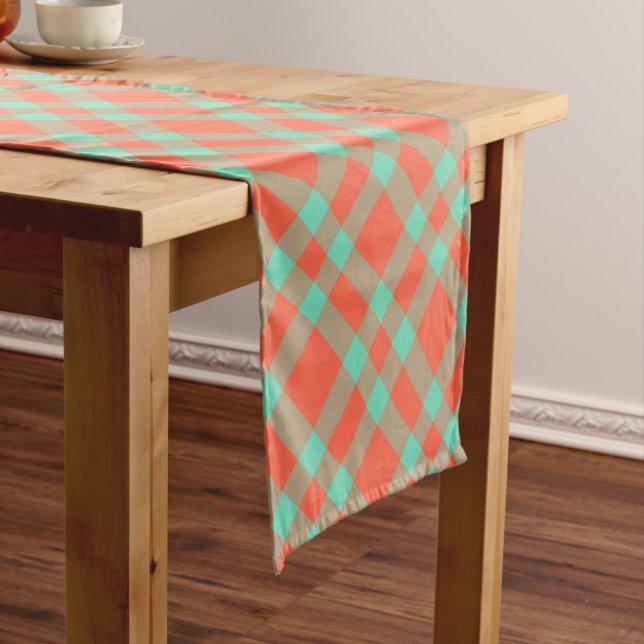 Coral Aquamarine Plaid Pattern Short Table Runner (In Situ)