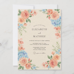 Coral Azure Hydrangea Eucalyptus Wedding Invitation