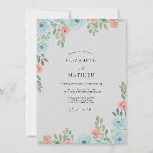 Coral Azure Leafy Wedding Invitation