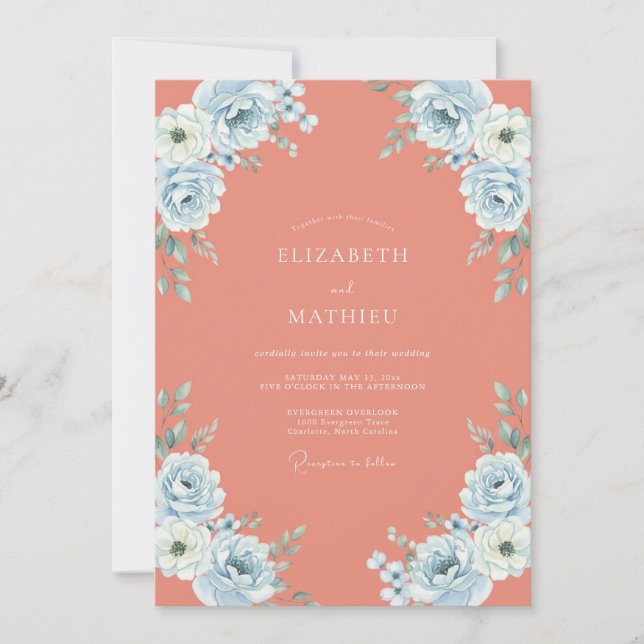Coral Azure Rose Wedding Invitation (Front)