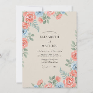 Coral Azure Soft Rose Wedding Invitation