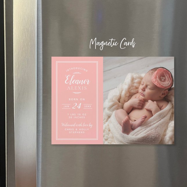 Coral Baby Girl Magnetic Photo Birth Announcement (Creator Uploaded)