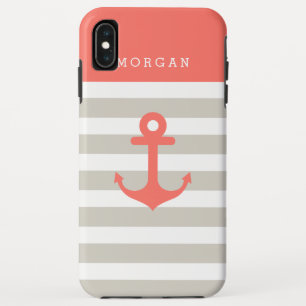 Coral Beige Strips - Cute Nautical Anchor Monogram iPhone XS Max Case