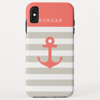 Coral Beige Strips - Cute Nautical Anchor Monogram iPhone XS Max Case