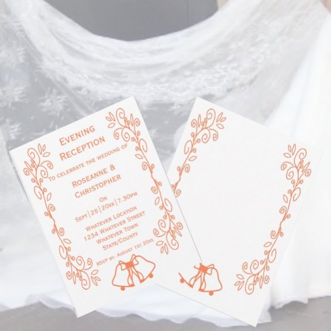Coral Bells Scrollwork Wedding Reception Invitation (Coral wedding reception invitation bells and scrollwork design)