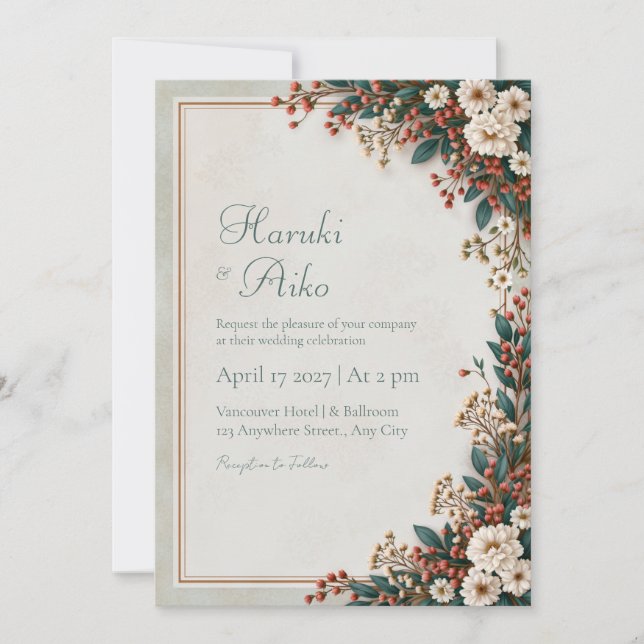 Coral Berry Botanical Wedding Invitation (Front)