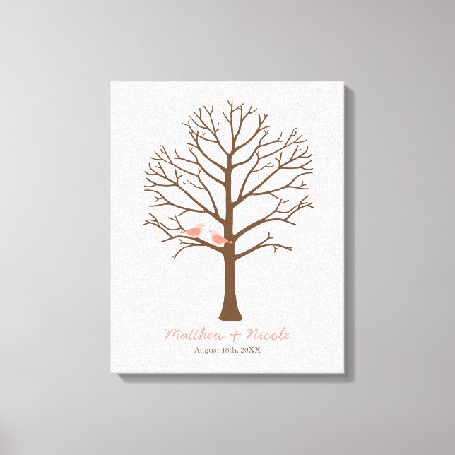 Coral Birds Brown Fingerprint Tree Wedding Canvas Print (Front)