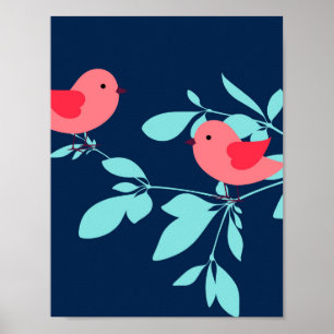 Coral Birds on a Aqua Branch, Baby Nursery Decor
