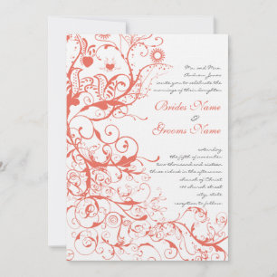 Coral Birds & Swirls Wedding Invitations