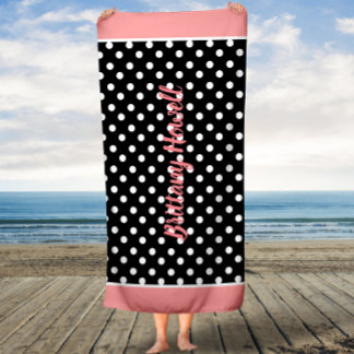 Coral Black and White Polka Dots Custom Bath Towel