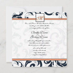 Coral & Black Damask Swirls Wedding Invitation