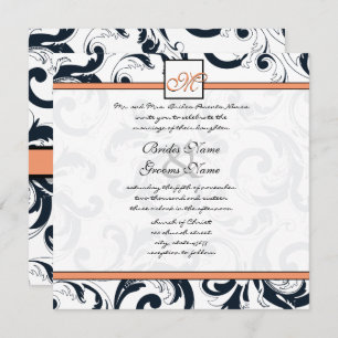 Coral & Black Damask Swirls Wedding Invitation