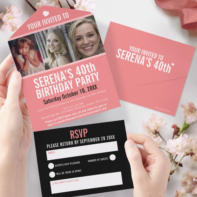 Coral black three photos 40th Birthday party All In One Invitation (Creator Uploaded)