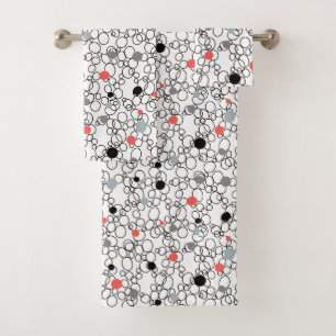 Coral Black White Circles, Dots Bath Towel Set