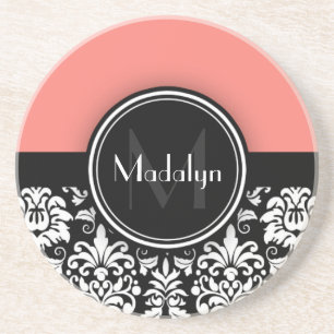 Coral Black White Damask Monogram Letter Coaster