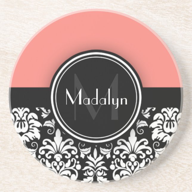 Coral Black White Damask Monogram Letter Coaster (Front)