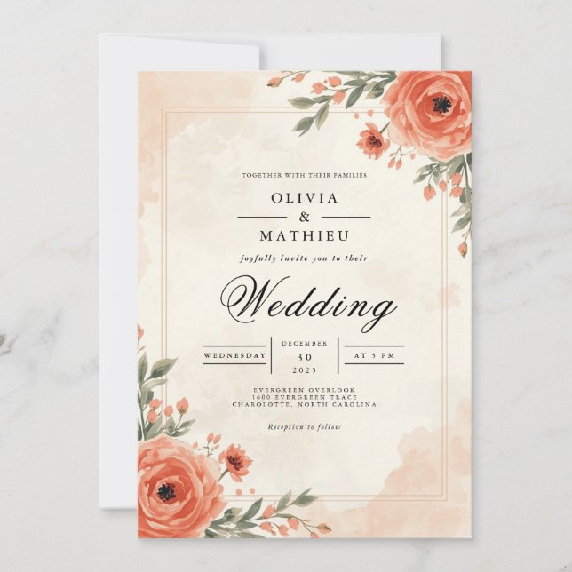 Coral Bloom Archway Floral Wedding Invitation (Front)
