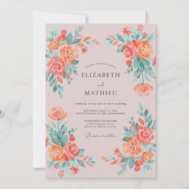 Coral Bloom Painterly Flourish Wedding Invitation (Front)