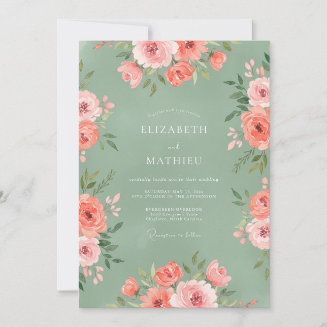 Coral Blossom Meadow Wedding Invitation (Front)