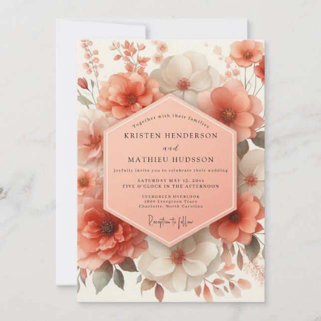 Coral Blossom Romantic Wedding Invitation (Front)