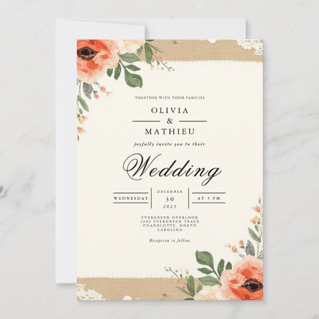 Coral Blossom Rustic Flourish Wedding Invitation (Front)