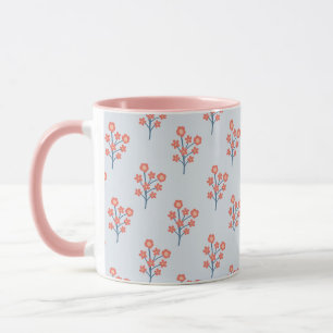 Coral Blossom Sprigs on Misty Blue Pattern Mug