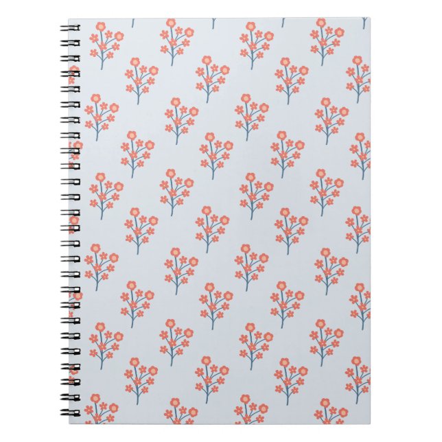 Coral Blossom Sprigs on Misty Blue Pattern  Notebook (Front)