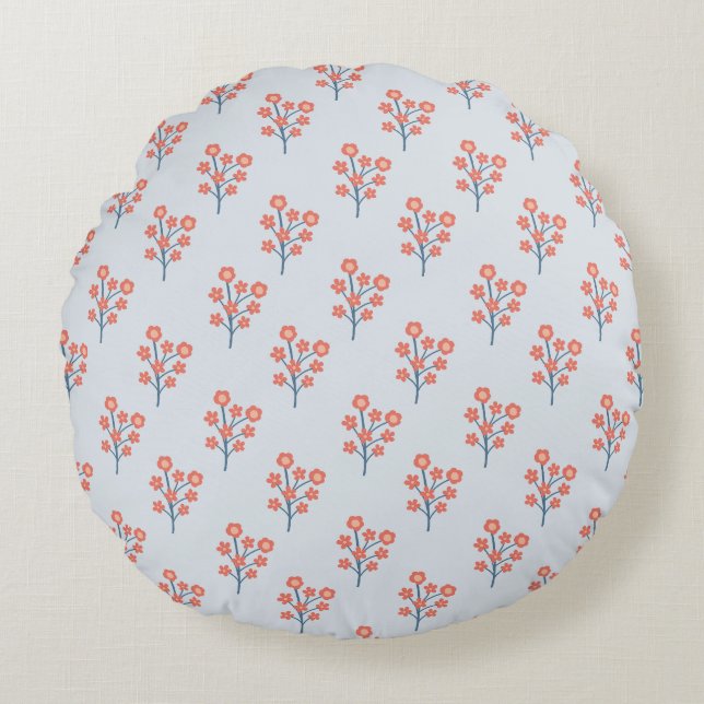 Coral Blossom Sprigs on Misty Blue Pattern  Round Cushion (Front)