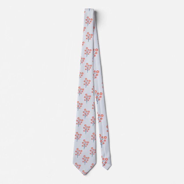 Coral Blossom Sprigs on Misty Blue Pattern  Tie (Front)